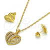 Oro Laminado Earring and Pendant Adult Set, Gold Filled Style Heart Design, with White Micro Pave, Polished, Golden Finish, 10.199.0034
