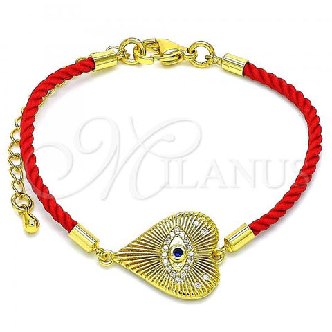 Oro Laminado Fancy Bracelet, Gold Filled Style Evil Eye and Heart Design, with White Micro Pave and Sapphire Blue Cubic Zirconia, Polished, Golden Finish, 03.368.0053.06