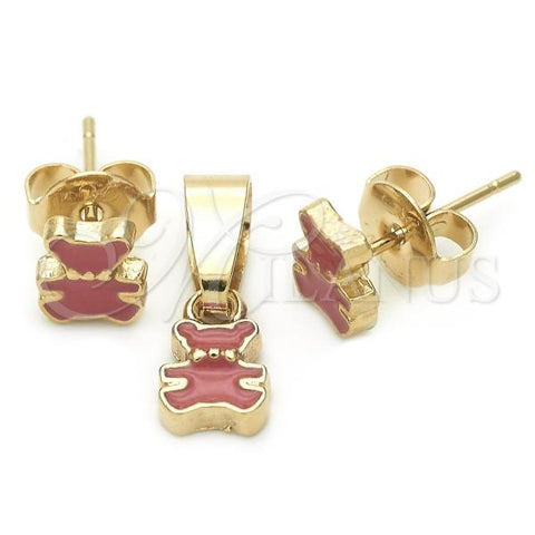 Oro Laminado Earring and Pendant Children Set, Gold Filled Style Teddy Bear Design, Enamel Finish, Golden Finish, 10.64.0015