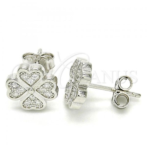 Sterling Silver Stud Earring, Four-leaf Clover Design, with White Micro Pave, Polished, Rhodium Finish, 02.336.0096