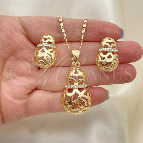 Oro Laminado Earring and Pendant Adult Set, Gold Filled Style with White Crystal, Polished, Golden Finish, 10.160.0094