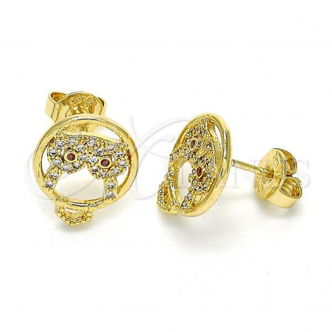 Oro Laminado Stud Earring, Gold Filled Style Owl Design, with Garnet and White Cubic Zirconia, Polished, Golden Finish, 02.156.0294