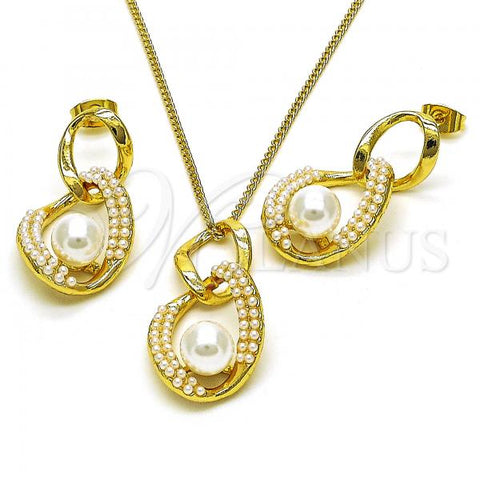 Oro Laminado Earring and Pendant Adult Set, Gold Filled Style Chunky Design, with Ivory Pearl, Polished, Golden Finish, 10.379.0077