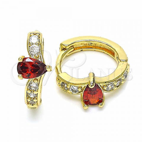 Oro Laminado Huggie Hoop, Gold Filled Style Teardrop Design, with Garnet and White Cubic Zirconia, Polished, Golden Finish, 02.266.0044.15