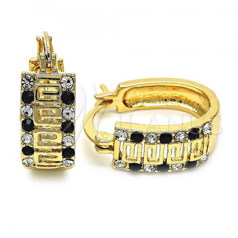 Oro Laminado Small Hoop, Gold Filled Style Greek Key Design, with Black and White Crystal, Polished, Golden Finish, 02.94.0105.2.15