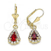Oro Laminado Dangle Earring, Gold Filled Style Teardrop Design, with Garnet and White Crystal, Polished, Golden Finish, 02.122.0116