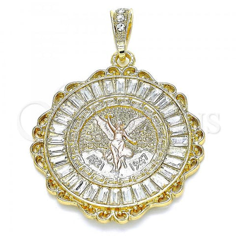Oro Laminado Religious Pendant, Gold Filled Style Centenario Coin and Angel Design, with White Crystal, Polished, Tricolor, 05.351.0154