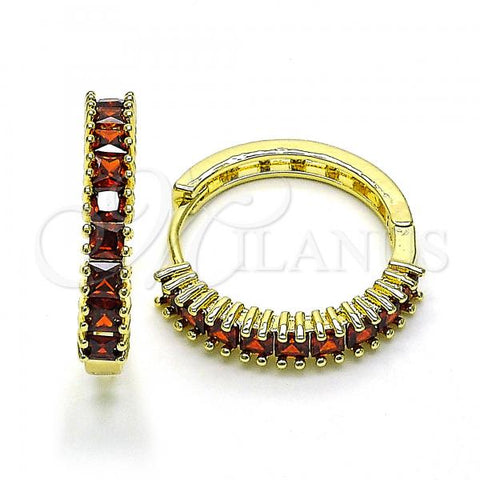 Oro Laminado Huggie Hoop, Gold Filled Style with Garnet Cubic Zirconia, Polished, Golden Finish, 02.210.0105.15.25