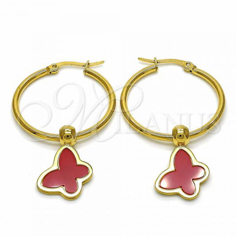 Stainless Steel Medium Hoop, Butterfly Design, Red Enamel Finish, Golden Finish, 02.364.0006.1.30