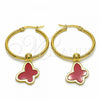 Stainless Steel Medium Hoop, Butterfly Design, Red Enamel Finish, Golden Finish, 02.364.0006.1.30