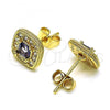 Oro Laminado Stud Earring, Gold Filled Style with Amethyst Cubic Zirconia and White Micro Pave, Polished, Golden Finish, 02.344.0082.3