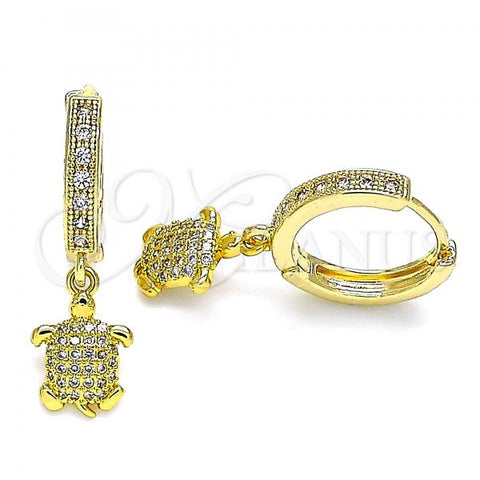 Oro Laminado Huggie Hoop, Gold Filled Style Turtle Design, with White Micro Pave, Polished, Golden Finish, 02.368.0006.15