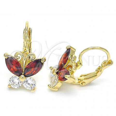 Oro Laminado Leverback Earring, Gold Filled Style Butterfly Design, with Garnet and White Cubic Zirconia, Polished, Golden Finish, 02.210.0220.2