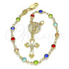 Oro Laminado Bracelet Rosary, Gold Filled Style Divino Niño and Crucifix Design, with Multicolor Crystal, Polished, Golden Finish, 09.326.0006.08