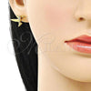 Oro Laminado Stud Earring, Gold Filled Style Bird Design, with White Micro Pave, Polished, Golden Finish, 02.342.0316