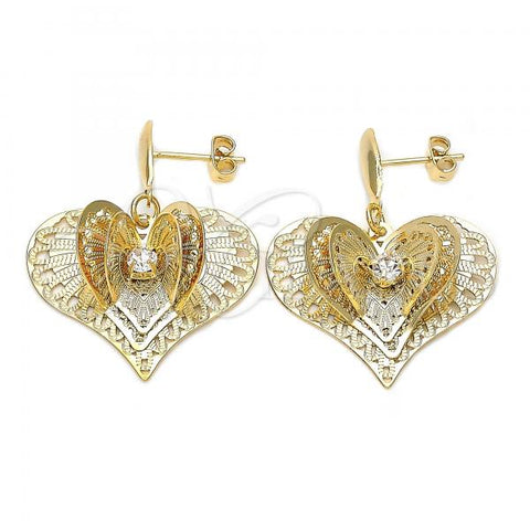 Oro Laminado Dangle Earring, Gold Filled Style Heart Design, with White Cubic Zirconia, Diamond Cutting Finish, Golden Finish, 5.064.015