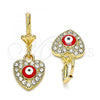 Oro Laminado Dangle Earring, Gold Filled Style Evil Eye and Heart Design, with White Crystal, Red Enamel Finish, Golden Finish, 02.380.0085