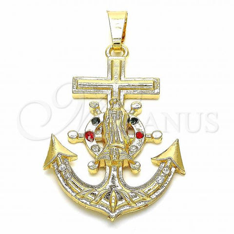 Oro Laminado Religious Pendant, Gold Filled Style Anchor and Guadalupe Design, with Multicolor Crystal, Polished, Golden Finish, 05.351.0057.1