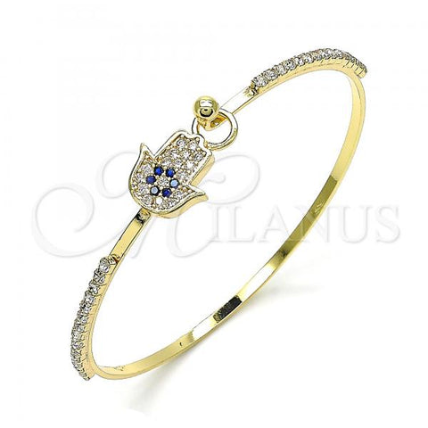 Oro Laminado Individual Bangle, Gold Filled Style Hand of God Design, with Sapphire Blue and White Micro Pave, Polished, Golden Finish, 07.193.0029.04