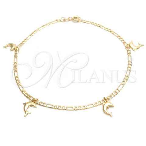 Oro Laminado Charm Anklet , Gold Filled Style Dolphin and Figaro Design, Polished, Golden Finish, 03.58.0041.10