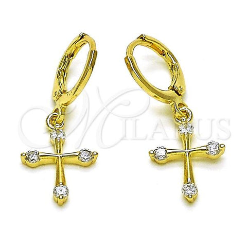 Oro Laminado Dangle Earring, Gold Filled Style Cross Design, with White Cubic Zirconia, Polished, Golden Finish, 02.213.0543