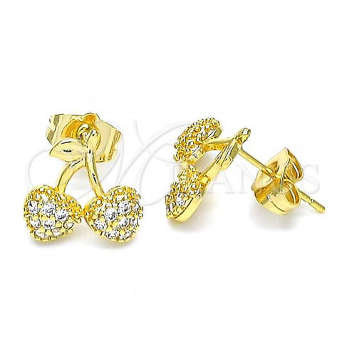 Oro Laminado Stud Earring, Gold Filled Style Cherry Design, with White Micro Pave, Polished, Golden Finish, 02.310.0039