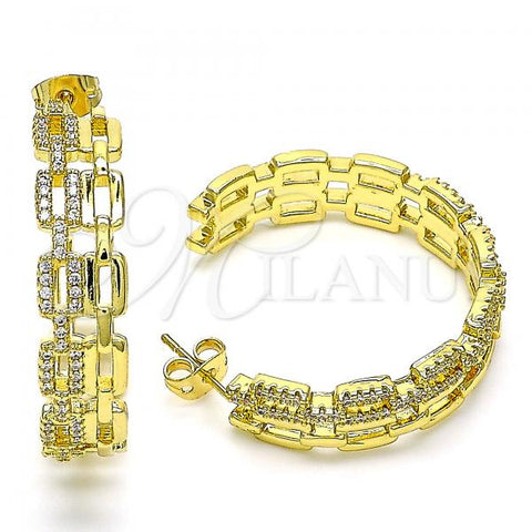 Oro Laminado Stud Earring, Gold Filled Style Paperclip Design, with White Micro Pave, Polished, Golden Finish, 02.341.0090