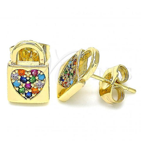 Oro Laminado Stud Earring, Gold Filled Style Lock and Heart Design, with Multicolor Micro Pave, Polished, Golden Finish, 02.210.0406.1