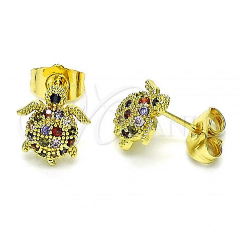Oro Laminado Stud Earring, Gold Filled Style Turtle Design, with Multicolor Micro Pave, Polished, Golden Finish, 02.284.0048.1