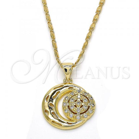 Oro Laminado Pendant Necklace, Gold Filled Style Moon Design, with White Cubic Zirconia, Polished, Golden Finish, 04.156.0147.20