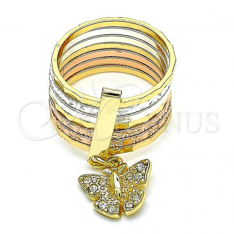 Oro Laminado Multi Stone Ring, Gold Filled Style Semanario and Butterfly Design, with White Crystal, Diamond Cutting Finish, Tricolor, 01.253.0035.09 (Size 9)