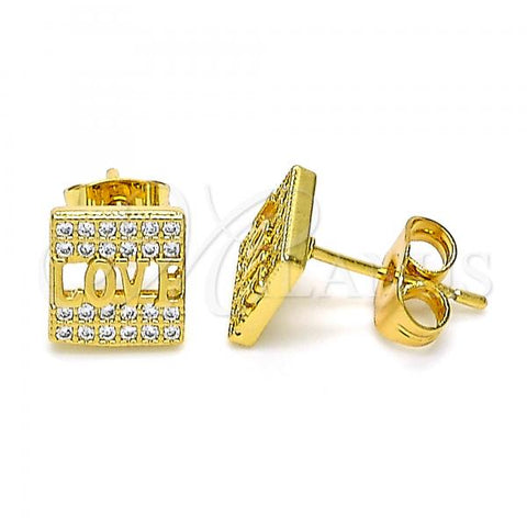 Oro Laminado Stud Earring, Gold Filled Style Love Design, with White Micro Pave, Polished, Golden Finish, 02.344.0096