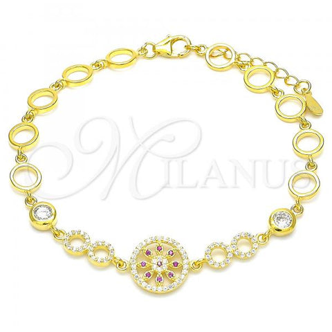 Sterling Silver Fancy Bracelet, Flower Design, with Ruby and White Cubic Zirconia, Polished, Golden Finish, 03.369.0002.5.07