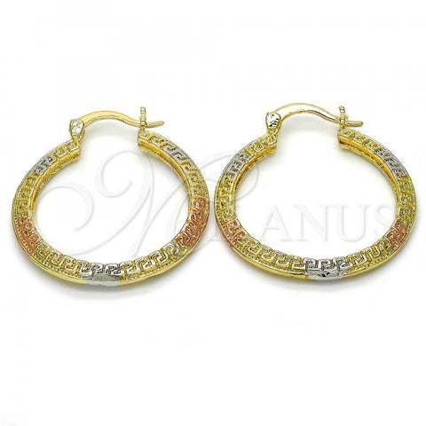Oro Laminado Medium Hoop, Gold Filled Style Greek Key Design, Polished, Tricolor, 02.102.0040.30