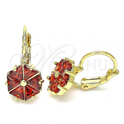 Oro Laminado Leverback Earring, Gold Filled Style with Garnet Cubic Zirconia, Polished, Golden Finish, 02.210.0225.7