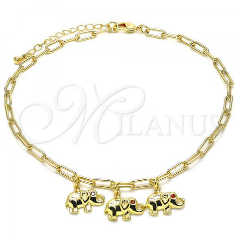 Oro Laminado Charm Anklet , Gold Filled Style Elephant and Paperclip Design, with Garnet Cubic Zirconia, Polished, Golden Finish, 03.63.2165.10
