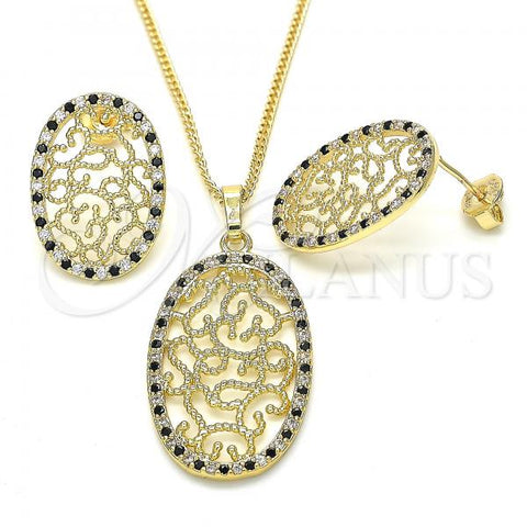 Oro Laminado Earring and Pendant Adult Set, Gold Filled Style with Black and White Cubic Zirconia, Polished, Golden Finish, 10.233.0038.2