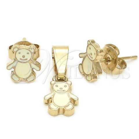 Oro Laminado Earring and Pendant Children Set, Gold Filled Style Teddy Bear Design, Enamel Finish, Golden Finish, 10.64.0142
