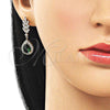 Oro Laminado Dangle Earring, Gold Filled Style Teardrop and Leaf Design, with Green and White Cubic Zirconia, Polished, Golden Finish, 02.196.0246