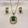 Oro Laminado Earring and Pendant Adult Set, Gold Filled Style Cluster Design, with Green Cubic Zirconia and White Micro Pave, Polished, Golden Finish, 10.156.0531