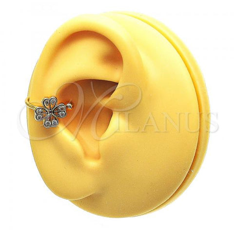 Oro Laminado Earcuff Earring, Gold Filled Style Four-leaf Clover Design, with White Cubic Zirconia, Polished, Golden Finish, 02.213.0393