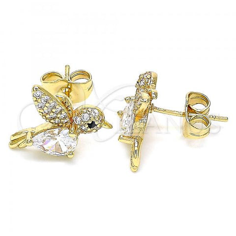 Oro Laminado Stud Earring, Gold Filled Style Bird Design, with White Micro Pave, Polished, Golden Finish, 02.210.0404