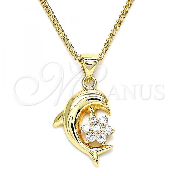 Oro Laminado Pendant Necklace, Gold Filled Style Dolphin and Flower Design, with White Micro Pave, Polished, Golden Finish, 04.156.0300.18