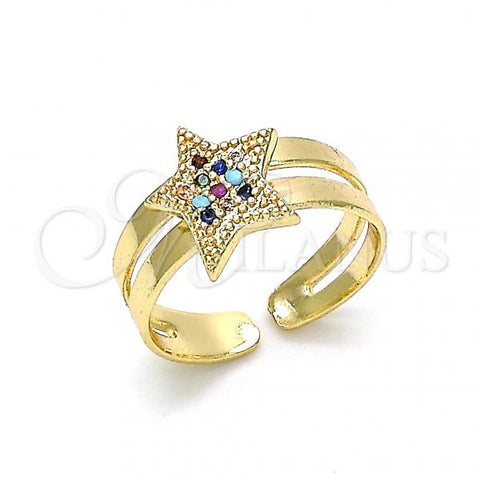 Oro Laminado Baby Ring, Gold Filled Style Star Design, with Multicolor Micro Pave, Polished, Golden Finish, 01.233.0019.2 (One size fits all)