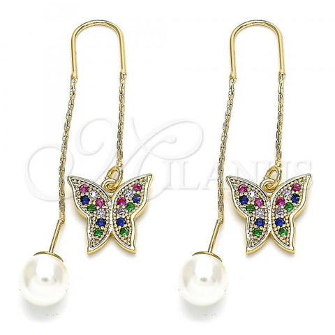 Oro Laminado Threader Earring, Gold Filled Style Butterfly Design, with Multicolor Micro Pave, Polished, Golden Finish, 02.210.0361.1