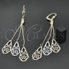 Oro Laminado Long Earring, Gold Filled Style Flower and Teardrop Design, Diamond Cutting Finish, Tricolor, 5.082.002