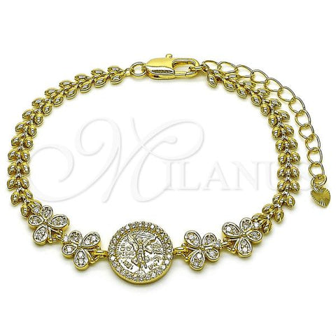Oro Laminado Fancy Bracelet, Gold Filled Style Centenario Coin and Butterfly Design, with White Cubic Zirconia, Polished, Golden Finish, 03.411.0063.07