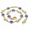 Oro Laminado Fancy Anklet, Gold Filled Style Evil Eye and Elephant Design, Blue Resin Finish, Golden Finish, 03.326.0010.2.10