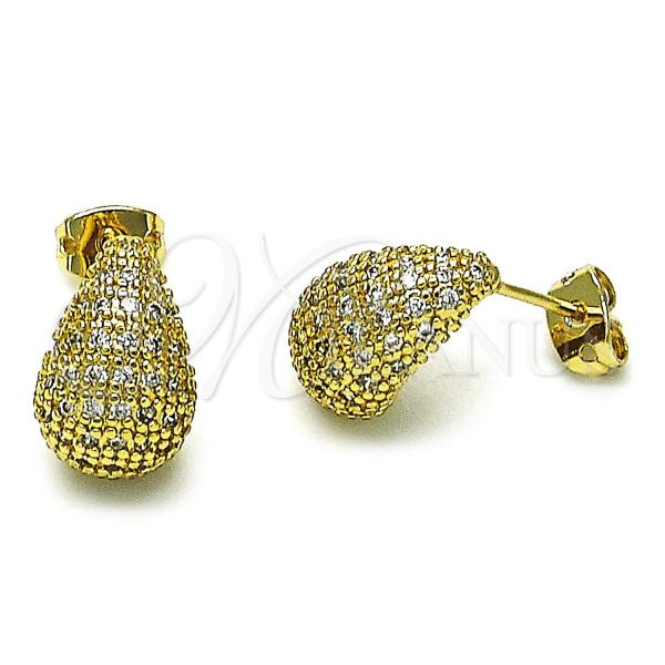 Oro Laminado Stud Earring, Gold Filled Style Teardrop Design, with White Micro Pave, Polished, Golden Finish, 02.342.0328