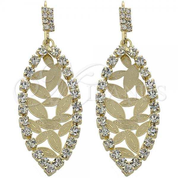 Oro Laminado Long Earring, Gold Filled Style Leaf Design, with White Cubic Zirconia, Diamond Cutting Finish, Golden Finish, 5.124.003